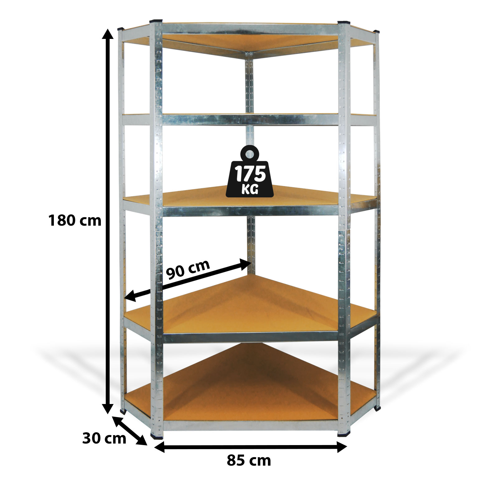 Polcos sarok állvány - 5 szintes - fém - max 175 kg - 180x90x30 cm